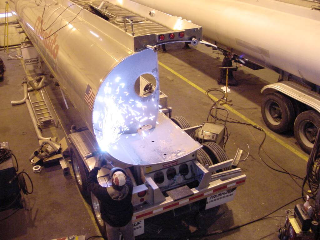 a tanker trailer being repaired